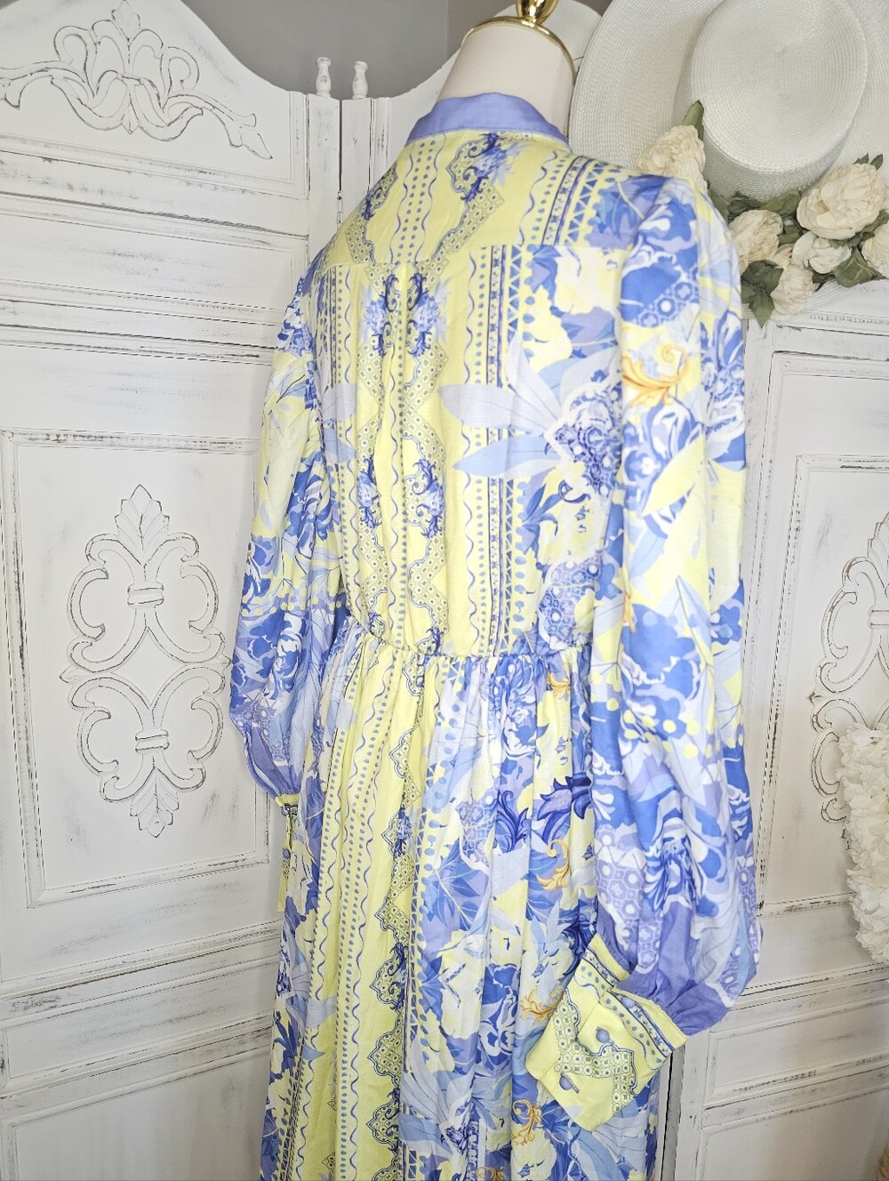 White Sandstorm Kalliope Floral Blue & Yellow Long Puffed Sleeve Maxi Dress - Picture 6 of 14